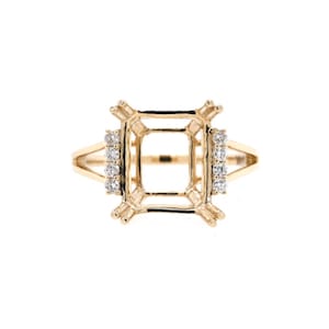 Ring Semi Mount Emerald Cut 11x9mm In 14k Yellow Gold With Diamond Accents, Split Shank Halo Wedding Ring Semi Mount, Ladies Ring (51015)