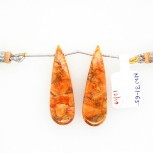 Spiny Oyster Drops Almond Shape 40x12mm Drilled Beads Matching Pair, Smooth Orange Color Drops, For Earring Making (25830)