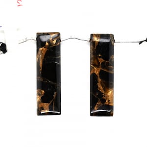 Copper Obsidian Drops Baguette Shape 35x10mm Drilled Beads Matching Pair, Black and Copper Color, Smooth Drops, For Earring Making (9468)