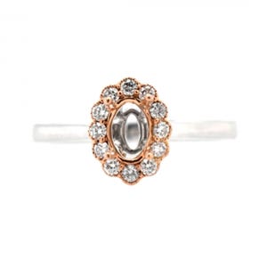 Ring Semi Mount Oval 6x4mm In 14k Dual Tone (White/Rose Gold) With Diamond Accents, Milgrain Halo Ring Semi Mount, Birthday Gift (36892)
