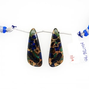 Copper Azurite Malachite Drops Wing Shape 35x12mm Drilled Beads Matching Pair, Beautiful Blue Copper Color Drop, For Earring Making (25363)