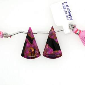 Pink Copper Obsidian Drop Conical Shape 26x16mm Drilled Bead Matching Pair, Smooth Bi Color Drops For Earring Making (43219)
