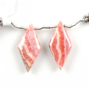 Rhodochrosite Drops Diamond Shape 28x13mm Drilled Beads Matching Pair, Lovely Bands Of Pink Color, Smooth Briolettes, Earring Making (40402)