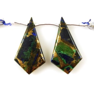 Copper Azurite Malachite Drops Shield Shape 32x17mm Drilled Beads Matching Pair, Green And Blue Patterns, Smooth Drops For Earring (24616)