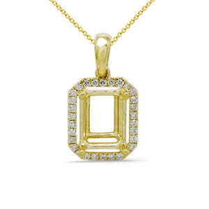 May include: A gold pendant necklace featuring an emerald-cut setting surrounded by small, clear gemstones. The pendant is suspended from a delicate gold chain. The setting is designed to hold a gemstone.