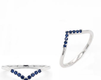Blue Sapphire 0.1 Carat Stackable Wedding Ring Band in 14K White Gold (145838)