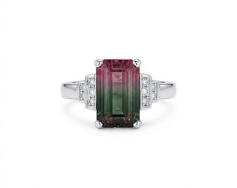 Watermelon Tourmaline Emerald Cut 2.86 Carats Ring,14K White Gold,Diamond Accents (145813)