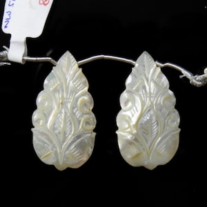 Carved Mother Of Pearl Drops Almond Shape 36x20mm Drilled Beads Matching Pair, Carved Nacre Drops For Earring Making (22945)