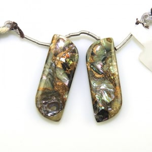 May include: Two iridescent abalone shell pendant beads with gold flecks, strung on a silver chain.