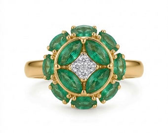 Zambian Emerald Marquise 1.12 Carat Ring in 14K Yellow Gold with Diamond Accents (145818)