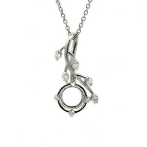 Pendant Semi Mount Round 6mm In 14K White Gold With Diamond Accents, Vine Design Pendant, 4 Claw Prongs, Women Neck Jewelry (52060)