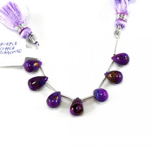 Copper Purple Turquoise Drops Briolette Shape 10x7mm Drilled Beads 7 Pieces Line, Smooth Purple Color Drops Accented with Gold Tones (50298)