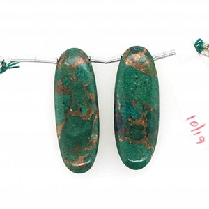 Copper Azurite Malachite Drops Elongated Oval Shape 31x11mm Drilled Beads Matching Pair, Nice Green Color Accented With Copper Tones (23837)