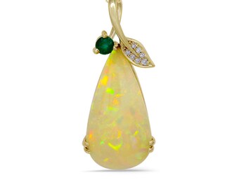 Ethiopian Opal Cab Pear Shape 15.20 Carat Pendant, 14K Yellow Gold, Diamonds (145829)