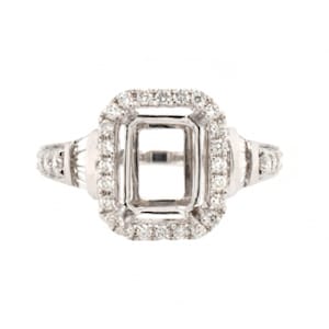 Ring Semi Mount Emerald Cushion 8x6mm In 14K White Gold With Baguettes Diamonds, Halo Wedding Art Deco Ring Semi Mount, Jewelry Gift (29745)