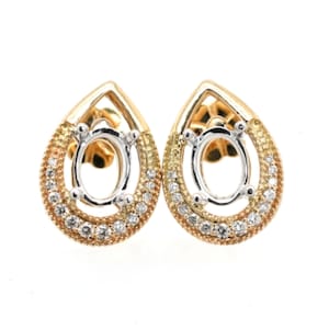 Elegant Pear Shaped Halo Stud Earring Semi Mount, Oval 7x5mm Semi Mount In 14K Dual Tone (Yellow/White) Gold With White Diamonds (32495)