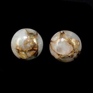 Copper Calcite Round Shape 12mm Approximately 10 Carat Matching Pair, Beautiful Ivory and Gold Tones, Flat Bottom, For Earring Making (8373)