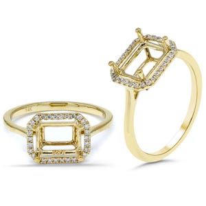 East West Emerald Cut 9x7mm Halo Ring Semi Mount In 14k Yellow Gold With Diamond Accents, Designer Wedding Ring, Women Jewelry Gift (55258)