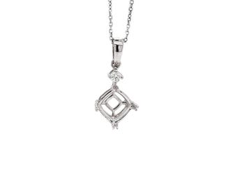 14K White Gold Cushion 6mm Pendant Semi Mount with Diamond Accents, Empty Setting (55697)