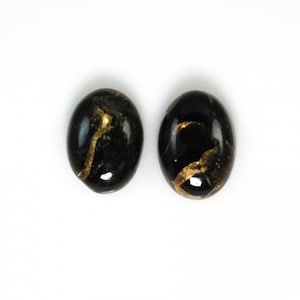 Black Copper Obsidian Cab Oval Shape 14x10mm Approximately 9 Carat Matching Pair, Nice Black and Golden Color, For Earring Making 9494 image 1