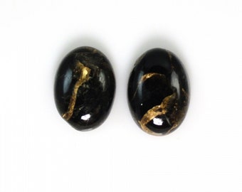 Black Copper Obsidian Cab Oval Shape 14x10mm Approximately 9 Carat Matching Pair, Nice Black and Golden Color, For Earring Making ( (9494)
