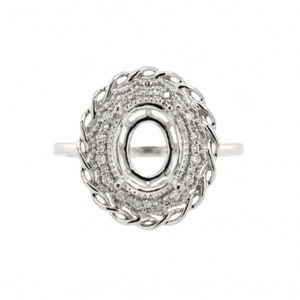 Ring Semi Mount Oval 9x7mm In 14k White Gold with Diamond Accents, Vintage Inspired Halo Ring, Milgain Finish, Jewelry Gift (39781)