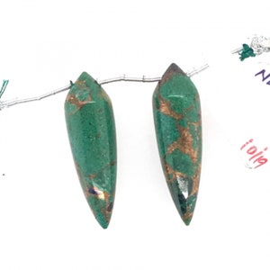 Copper Azurite Malachite Drops Okra Shape 30x10mm Drilled Beads Matching Pair, Nice Green and Copper Color, Smooth Briolettes (23839)