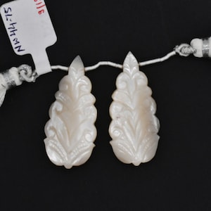 Carved Mother Of Pearl Drops Almond Shape 38x18mm Drilled Bead Matching Pair, Carved Nacre Drops For Earring Making (49405)