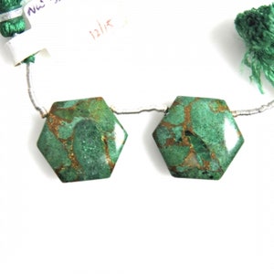 Copper Azurite Malachite Drops Hexagon Shape 19mm Drilled Beads Matching Pair, Nice Green and Copper Color Tones, Smooth Drops (30571)
