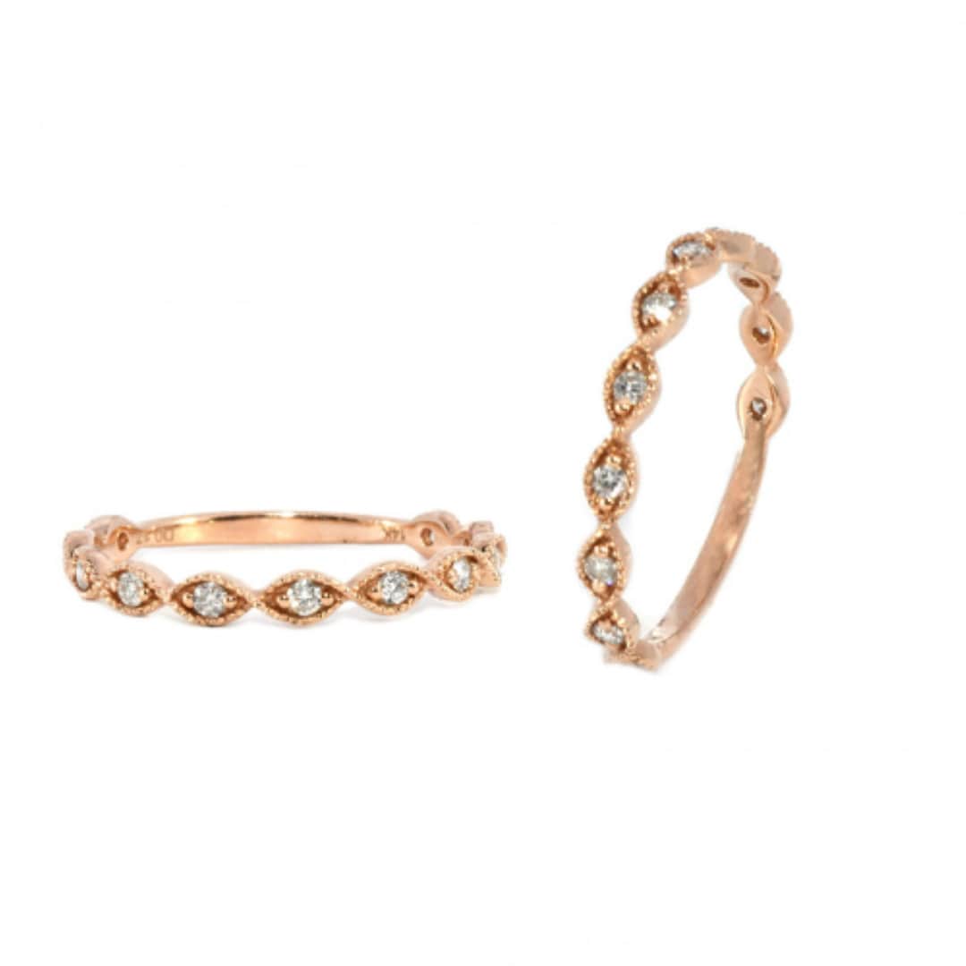 14K Rose Gold 0.17 Ct Diamond Wedding Band- Art Deco Ring Band- Wedding ...
