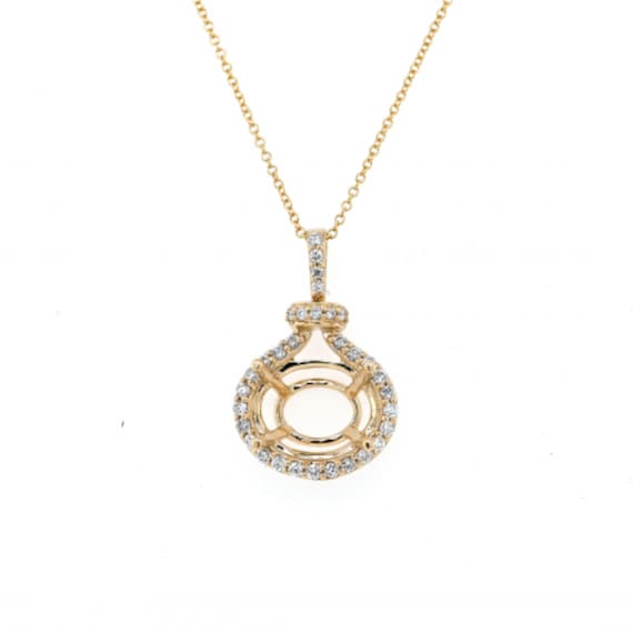 East West Pendant Semi Mount Oval 10x8mm In 14K Yellow Gold With Diamond Accent, Designer Halo Pendant, Necklace Jewelry, Women Gift (45188)