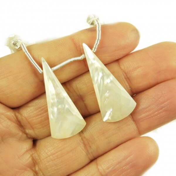 Mother Of Pearl Drops Conical Shape 30x13mm Drilled Beads Matching Pair, June Birthstone, Faceted Nacre Earrings (32126)