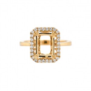 Ring Semi-Mount Emerald Cut 9x7mm In 14k Yellow Gold With Diamond Accents, Halo Art Deco Ring, Tapered shank, Women Jewelry Gift (37102)