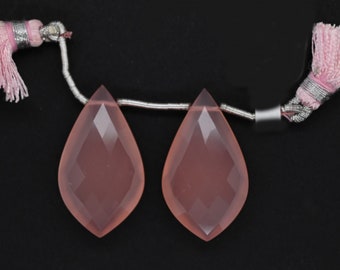 Pink Chalcedony Drops Leaf Shape 30x17mm Drilled Beads Matching Pair, Faceted Drops, Beautiful Pale Pink Color, For Earring Making (18455)