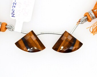 Tiger's Eye Drop Fan Shape 16x22mm Drilled Bead Matching Pair, Excellent Mix Of Deep And Light Brown Color, Faceted Drops For Earring(45550)