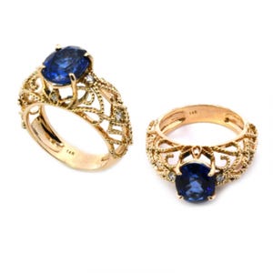 Nigerian Blue Sapphire Oval 3.58 Carat Filigree Ring With Diamond Accent In 14k Yellow Gold, September Birthstone, Sapphire Jewelry (52946)