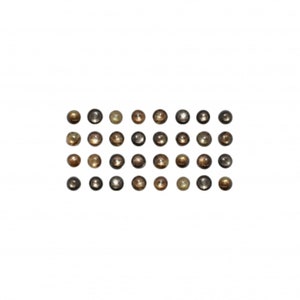 May include: A collection of 36 round, iridescent gemstones in shades of brown, gold, and black. The gemstones are arranged in a rectangular grid.