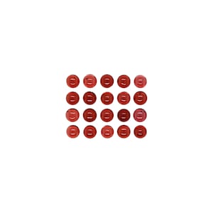 May include: A collection of 20 small, round, red gemstones arranged in a grid pattern.