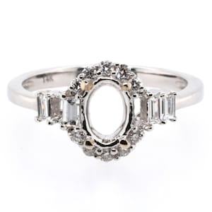 Ring Semi-Mount Oval 7x5mm In 14k White Gold With Diamond Accents, Designer Art Deco Wedding Halo Ring, Jewelry Gift, Ladies Ring (29751)