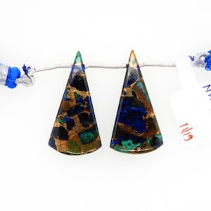 Copper Azurite Malachite Drops Conical Shape 32x16mm Drilled Beads Matching Pair, Blue Copper Color Smooth Drop, For Earring Making (25362)