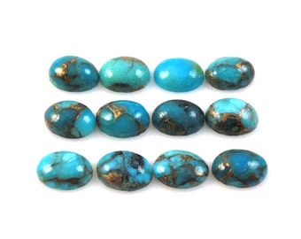 Copper Blue Turquoise Cab Oval Shape 6x4mm Approximately 5 Carat, Smooth Flat Bottom Blue Color Accented with Gold Tones Turquoise (4171)
