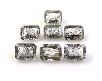 Black Rutilated Quartz Emerald Cut 8x6mm Approximately 10 Carat, Beautiful Black Thread, Perfect Ornamental Stones, Faceted Plain Top (5845)