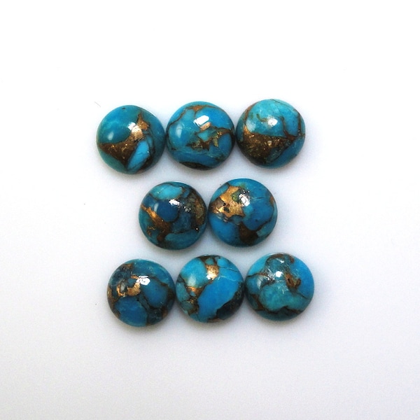 Blue Copper Turquoise Cab Round 7mm Approximately 10 Carat, December Birthstone, Blue Color Accented with Gold Tones, Ornamental Stone(5467)