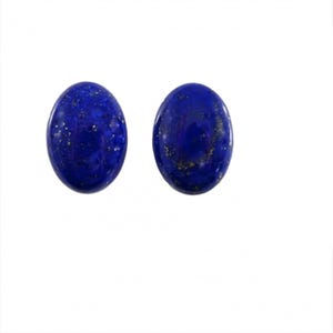 May include: A pair of oval-shaped lapis lazuli earrings with gold flecks. The earrings are a deep blue color.