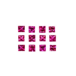 May include: Twelve square-shaped pink gemstones arranged in three rows of four.
