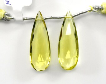 Lemon Quartz Drops Almond Shape 31x11mm Drilled Beads Matching Pair, Light Yellow Color, Faceted Drops, For Earring Making (45906)