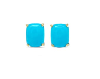 Turquoise Cab Cushion 8x6mm, 3.28 Carat Solitaire Stud Earring In 14k Yellow Gold (145780)
