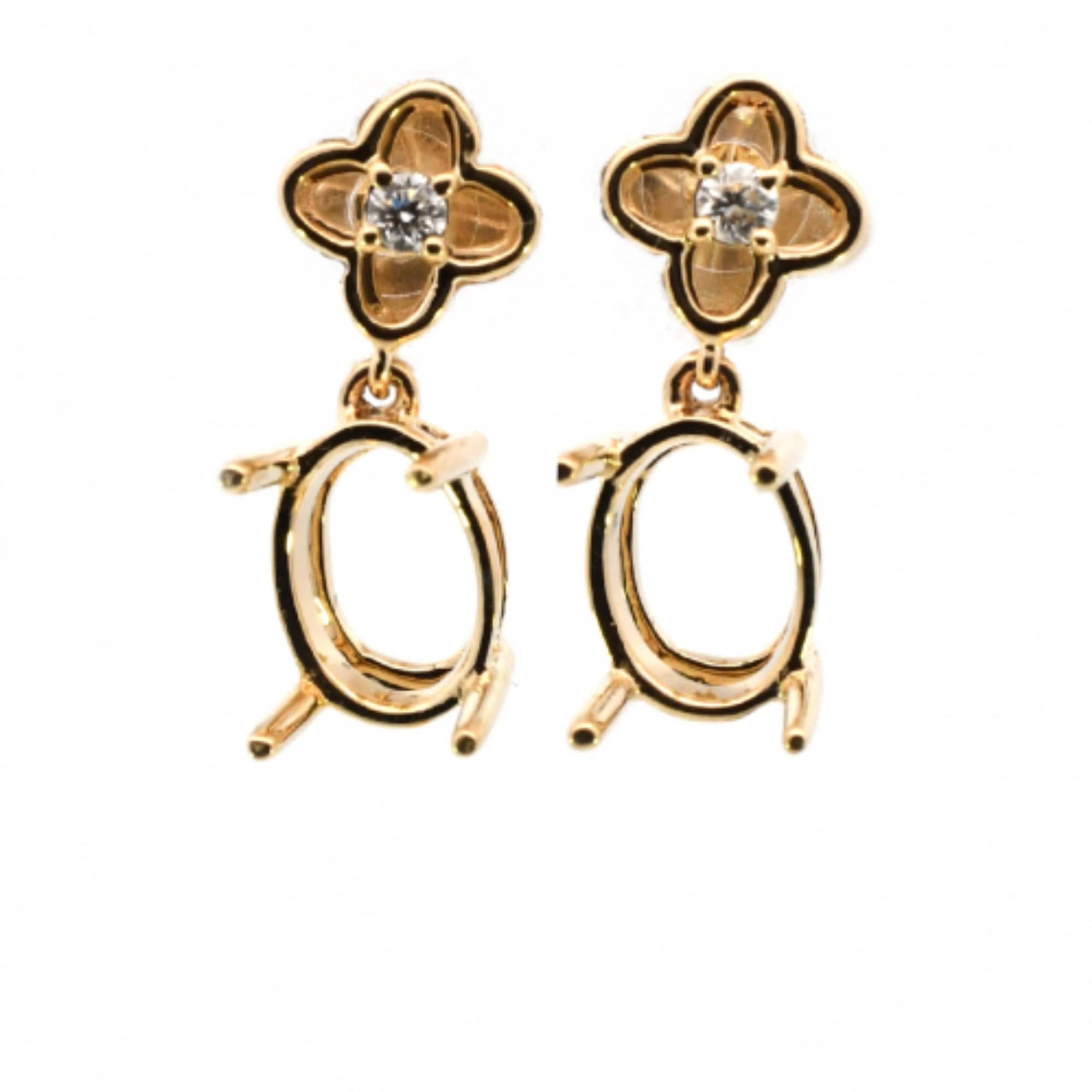 Earring Semi Mount Oval 8x6mm In 14k Yellow Gold With Diamond Accents, Minimalist Dangles Earring Mount, Push Back, Women Gift (52627)