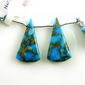 Copper Blue Turquoise Drops Conical Shape 29x16mm Drilled Beads Matching Pair, Beautiful Blue Color Accented with Gold Tones (19904)