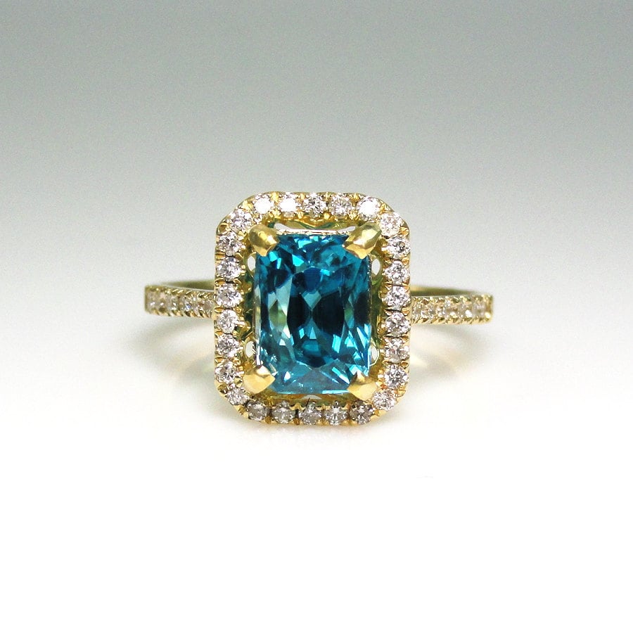 Blue Zircon Emerald Cut 3.39 Carat Halo Anniversary Ring With Etsy